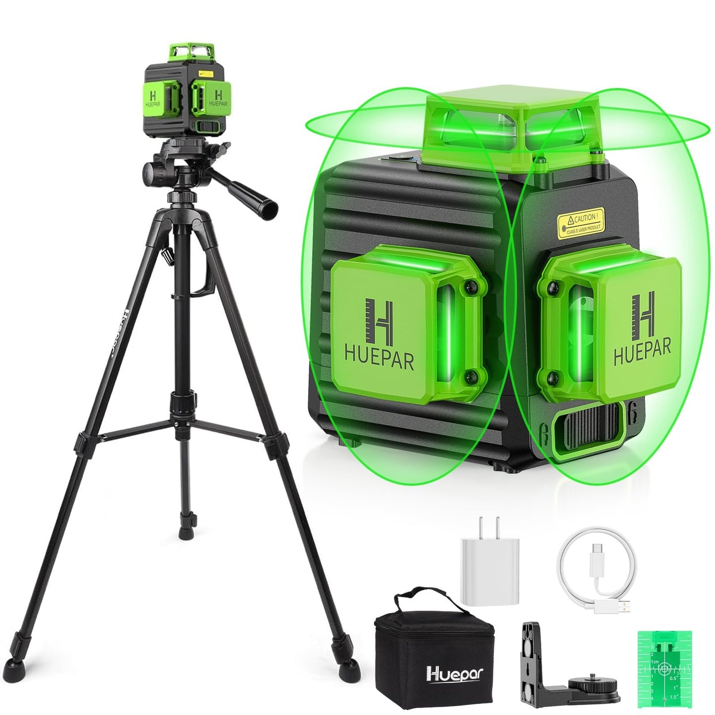 Laser Level 360 Self Leveling with 50" Tripod, Huepar 3x360° High Brightness Green Laser Leveler Tool for Construction, Tile and Picture Hanging, 5200 mAh Li-ion Battery & 2 Portable Bag Included