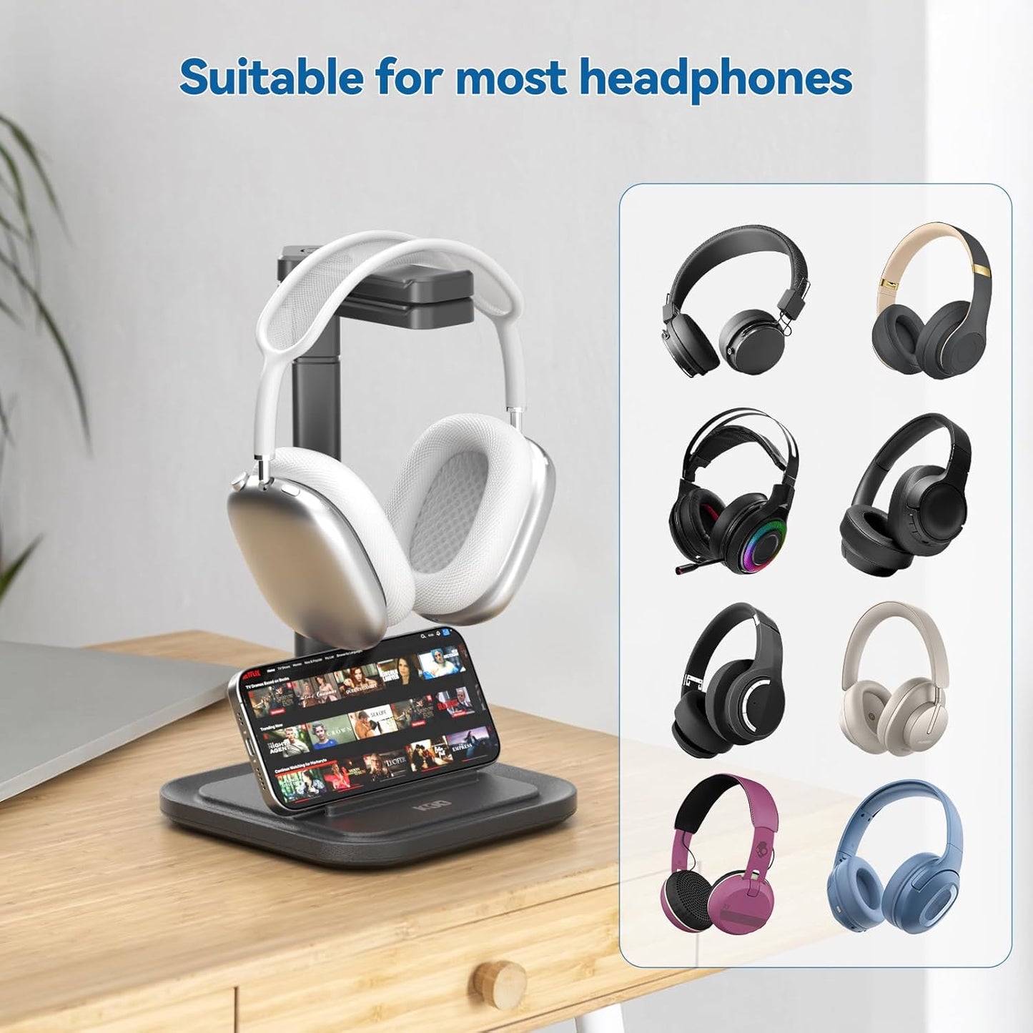 KDD Headset Dual Headphone Stand for Desk - Rotatable Hanger with Phone Holder - Removable Non-Slip Base for Gamers