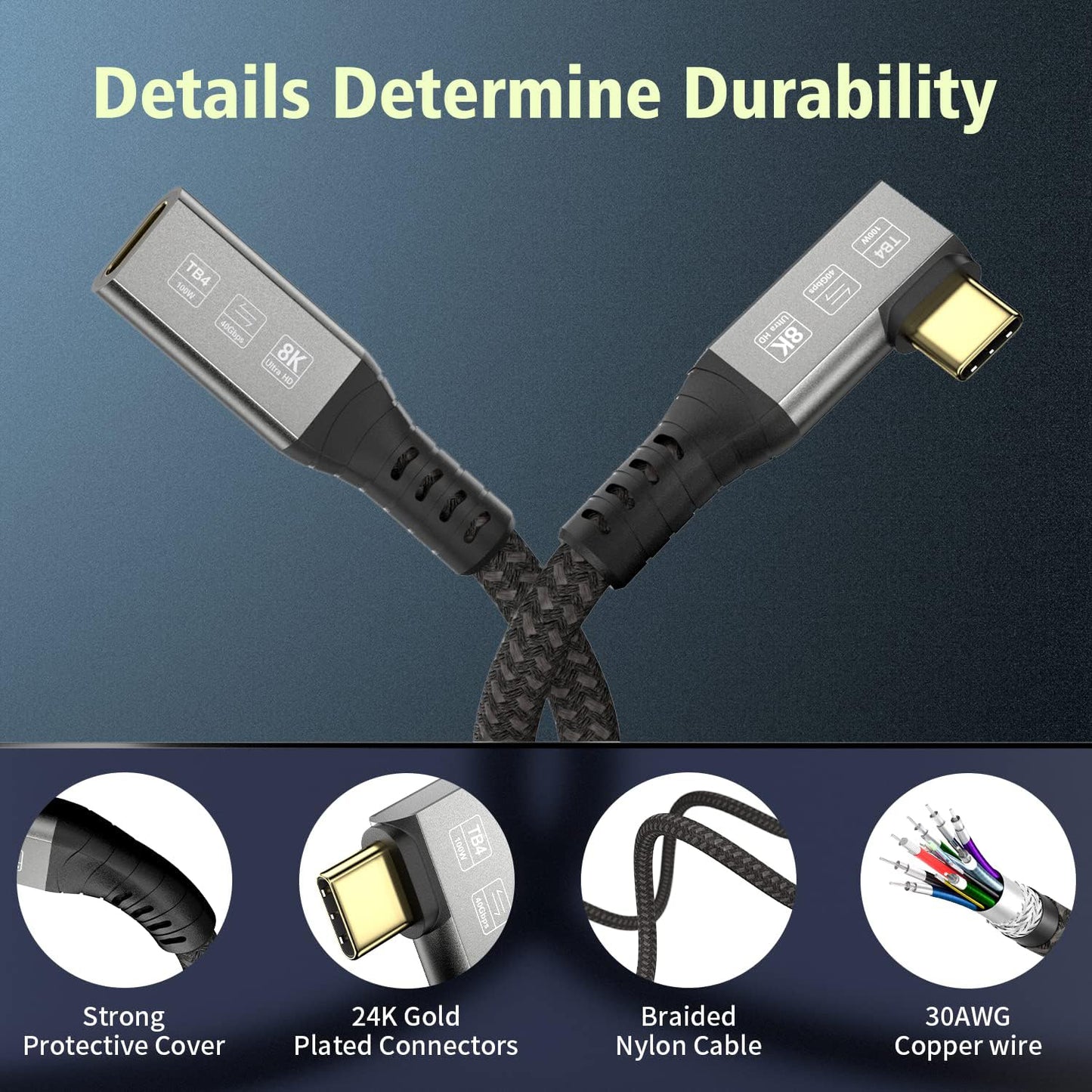 4 40Gbps, 90 8K 100W, 3/USB 4/3/Mac 2.6ft USB C Thunderbolt Extension Cable Right Angle Male to Famale Extender Cord
