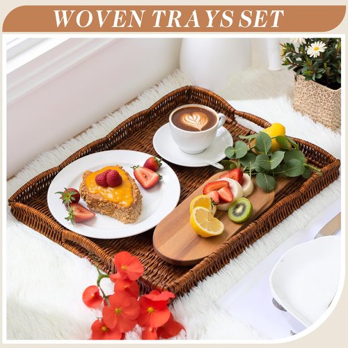 AceOrbit 4 Pcs Large Wicker Serving Tray Scalloped Wicker Rectangle Tray for Foods & Drinks, 16.5" Boho Rattan Decorative Serving Basket with Handle for Coffee Table Breakfast Modern Rustic Home Decor