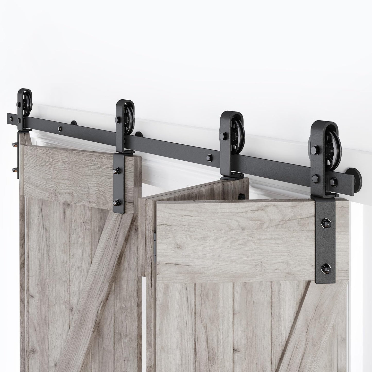 Roymelo 64" Bifold Sliding Barn Door Hardware Track Kit,Side Mounted Black Spoke Wheel Roller,Smoothly and Quietly,Assembly Easy,Fit Four 15" Bi-Folding Doors (Door Not Included)
