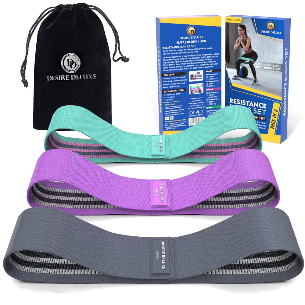 Desire Deluxe Premium Resistance Bands Set – Fabric Stretch Bands for Strength Training, Physical Therapy, Pilates & Yoga, Non-Slip Workout Bands for Men & Women (3 Pack)