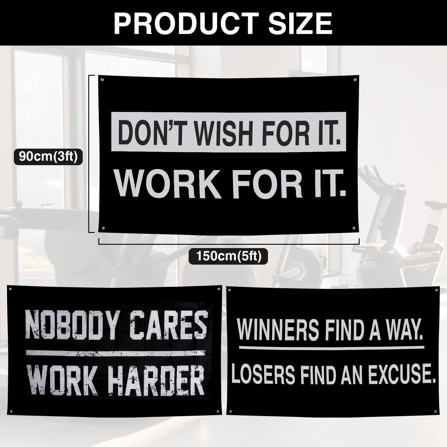 Nobody Cares Work Harder Motivational Banners Kit Three Different Incentive Flags for Gym Office Garage Decor Indoor/Outdoor Poster Style Banner with 4 Grommets - Heavy-Duty 13oz Vinyl(3 x 5 FT)