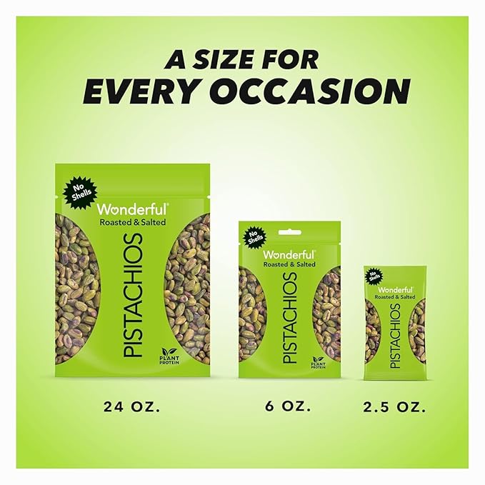 Wonderful Pistachios No Shells, Roasted and salted Nuts, 2.5 Ounce Bag (Pack of 8), Protein Snack, On-the-Go, Individually Wrapped Healthy Snack