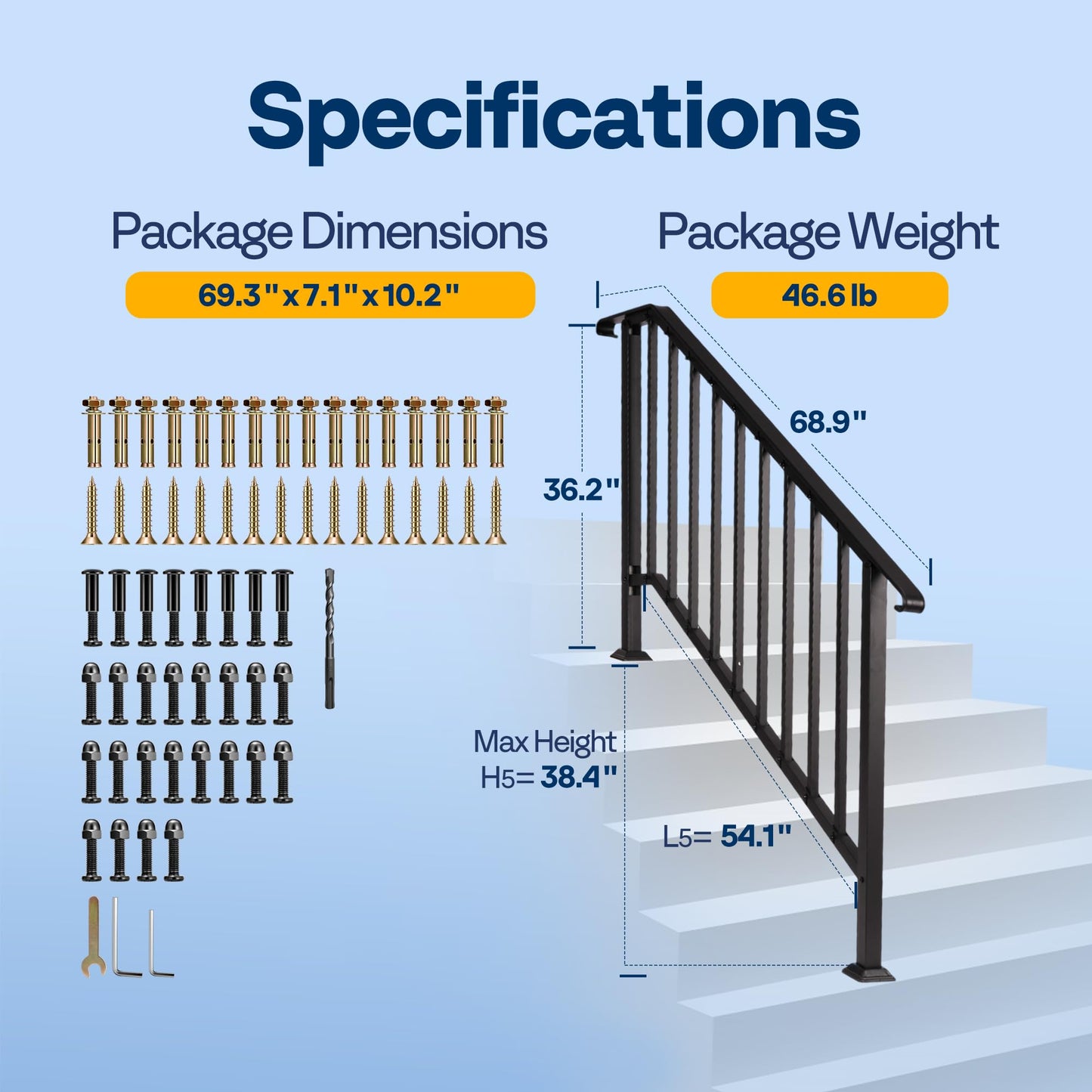 VIVOHOME 2-Pack Galvanized Steel Hand Rails for Outdoor Steps – 54.1" Curved Ends and Safety Balusters Exterior Railing Kit for Porch, Deck, or Indoor Stairs (5-Step, Black)