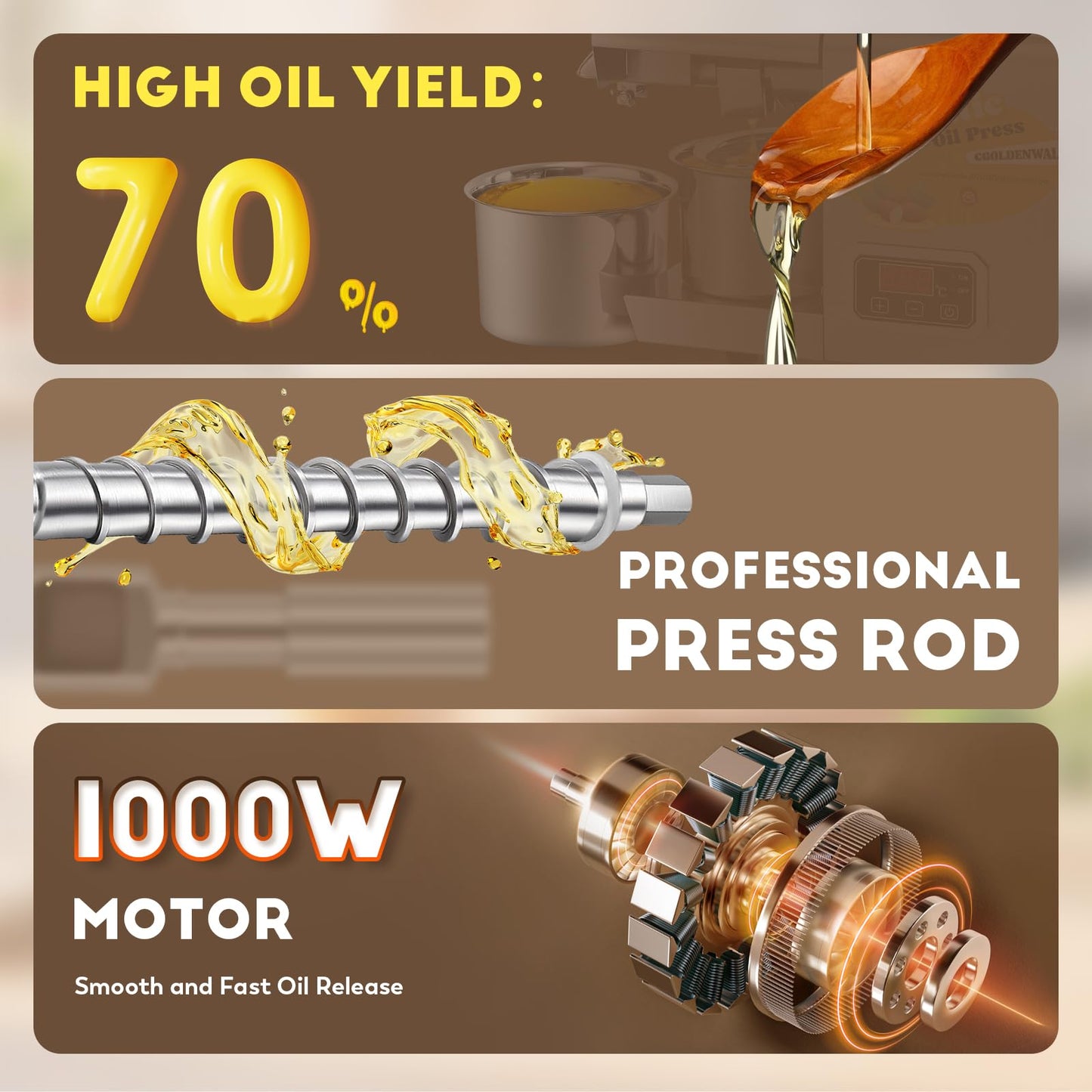 CGOLDENWALL Oil Press Machine,Automatic Oil Making,1000W Oil Extractor for Cold & Hot Pressing,Oil Maker with Intelligent Temperature Controller(32-572°F),Seeds Nuts Oil Expeller,CE(110V, US Plug)