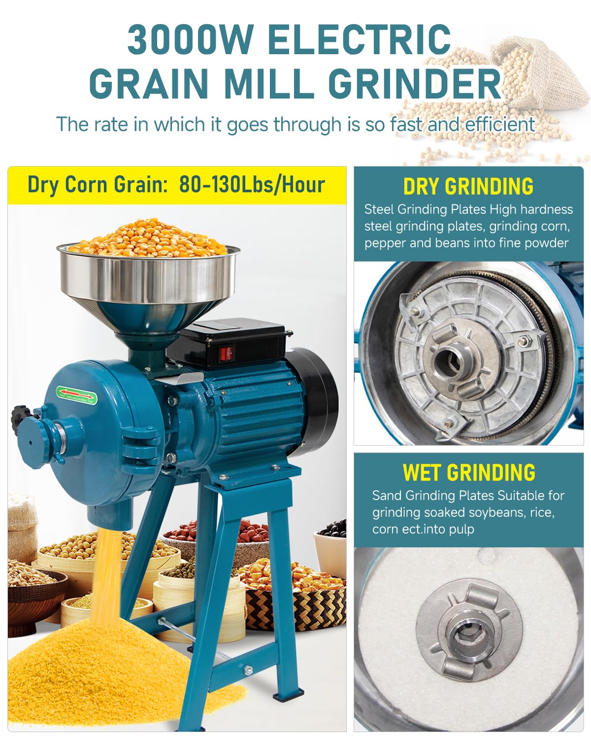 NAIZEA Electric Grain Mill Grinder, 3000W Wet & Dry Corn Mill Grinders,Commercial Flour Mill Machine with Funnel, Feed Grinders for Corn, Wheat, Rice, Coffee, Cereals(Wet Dry Grinder)