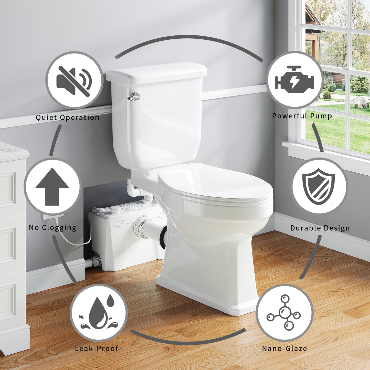Macerating Toilet with Pump, Two-Piece Upflush Toilet For Basement, Powerful & Quiet Macerating Pump System With 4 Water Inlet, 23Ft Vertically, Elongated Bowl