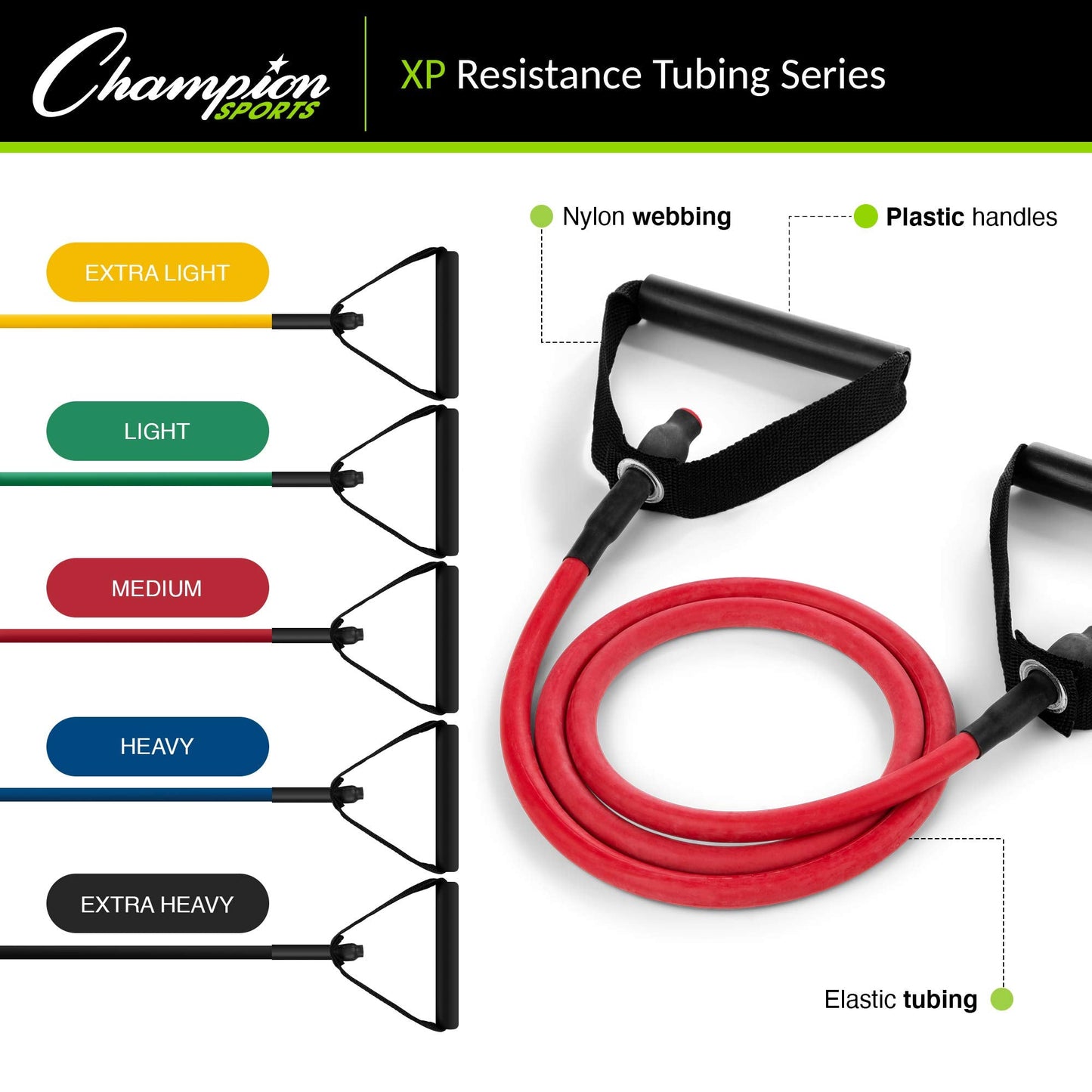 Champion Sports XP Resistance Tube Band – Extra Heavy, Black – Strength Training, Stretching, Rehab, Home Workout