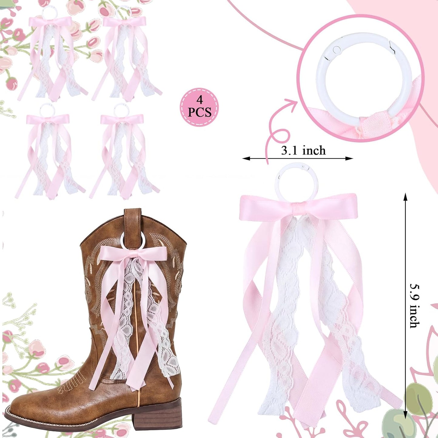 Skiennix Pink Ribbon Boot Bows - Removable Lace Clips for Cowgirl Boots | Perfect for Weddings & DIY Decor