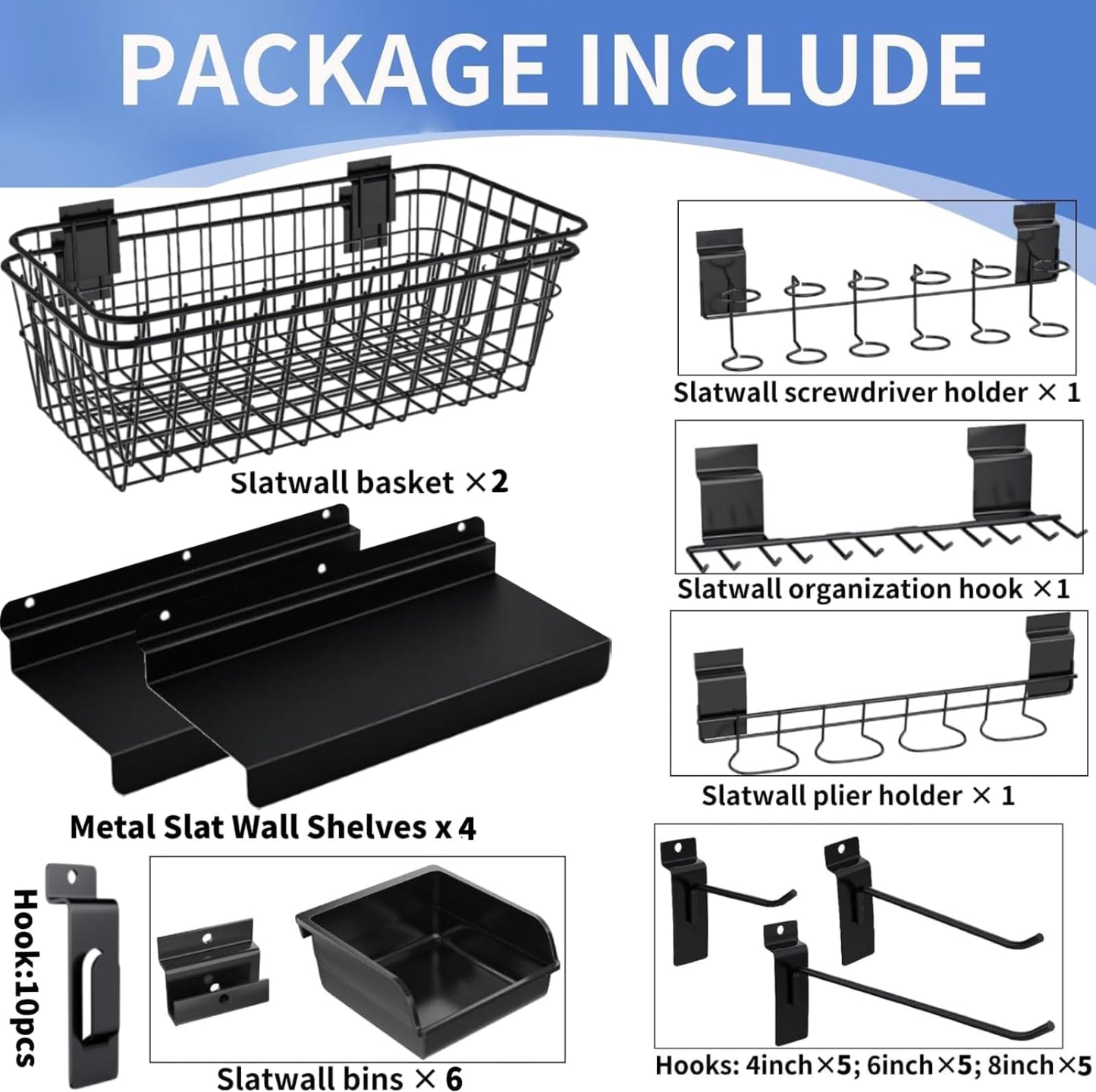 BeapTcely 40-Piece Slatwall Organizer Kit - Includes Hooks, Shelves, Baskets, Bins, Screwdriver Holder for Garage & Room Storage