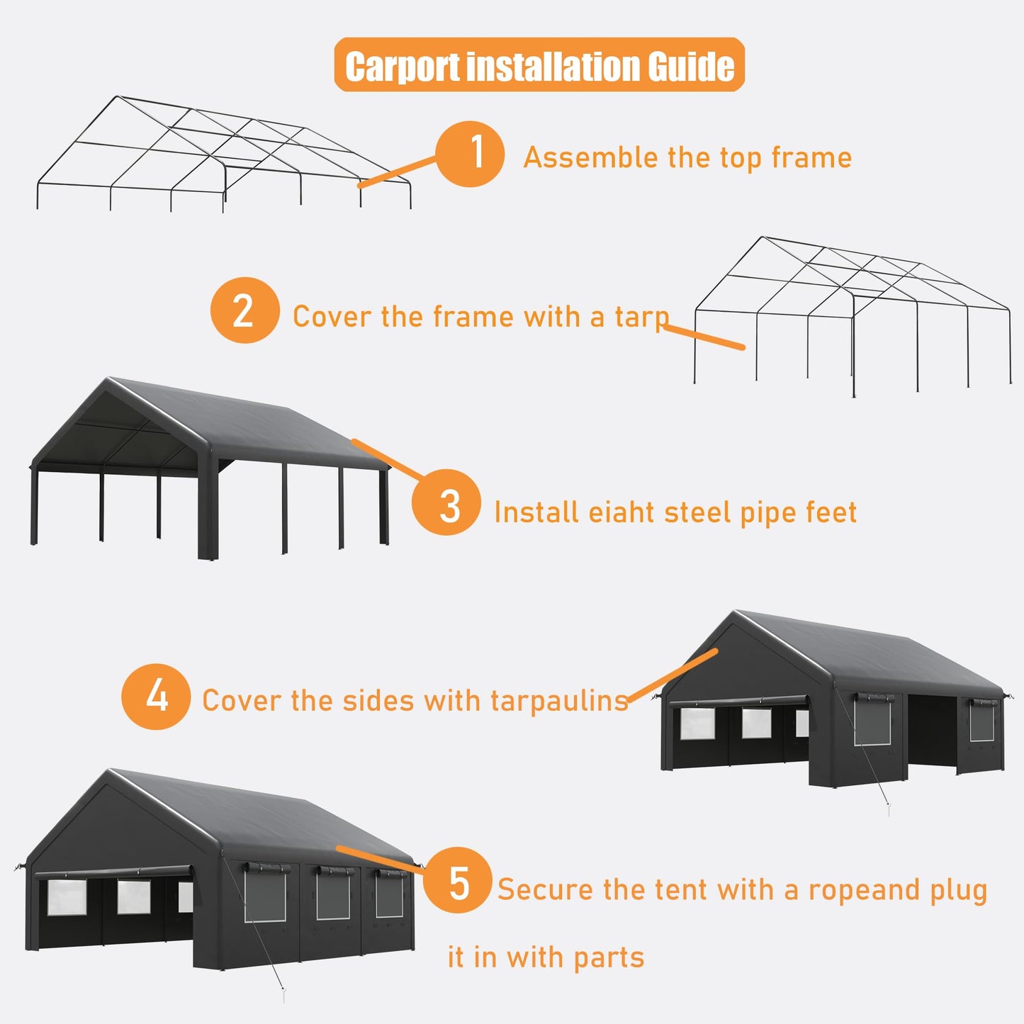 MNLR 20x20 FT Heavy Duty 2 Car Carport Canopy, Outdoor Portable Garage Shelter with 6 Mesh Windows, Removable Sidewalls, Galvanized Steel Frame, Waterproof UV Resistant Car Canopy Tent for Boat, SUV