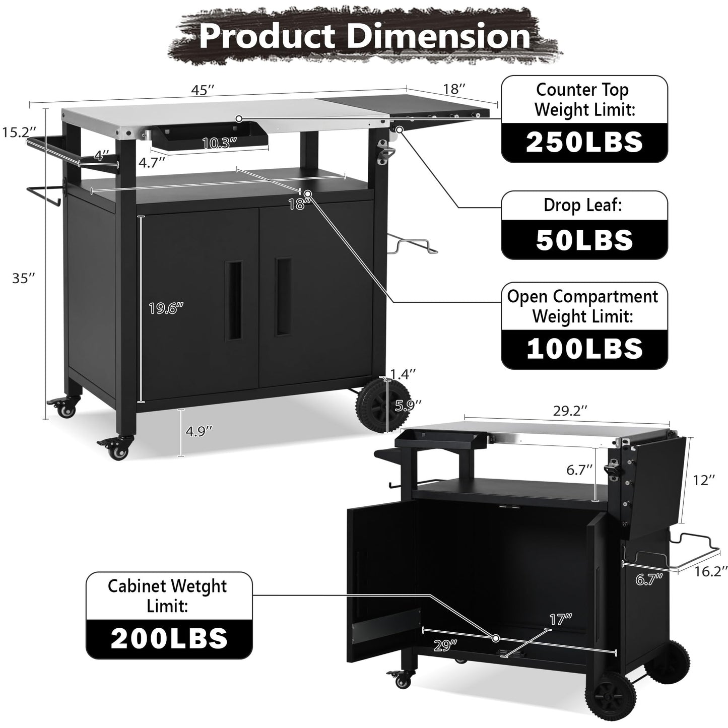 Polibi Outdoor Grill Cart with Storage Cabinet, Stainless Steel Top BBQ Island with Foldable Table & Wheels, Pizza Oven Table with Hooks & Spice Rack, Waterproof Cover Included