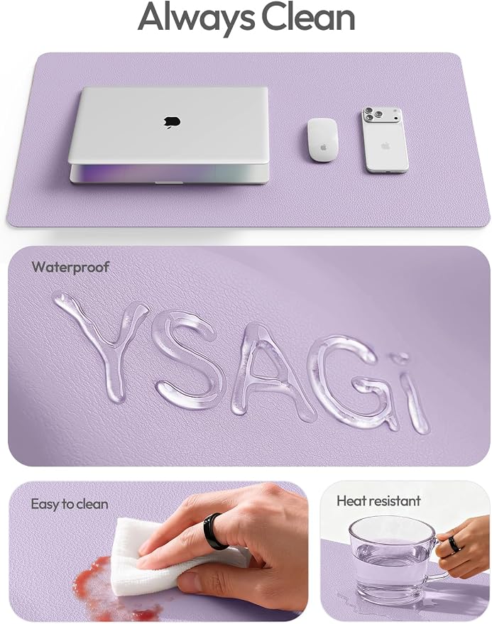 YSAGi Leather Desk Protector, Office Mat, Large Mouse Mat, Non-Slip PU Leather Blotter, Laptop Desk Pad, Waterproof Writing Pad for Office and Home (Light Purple, 31.5" x 15.8")