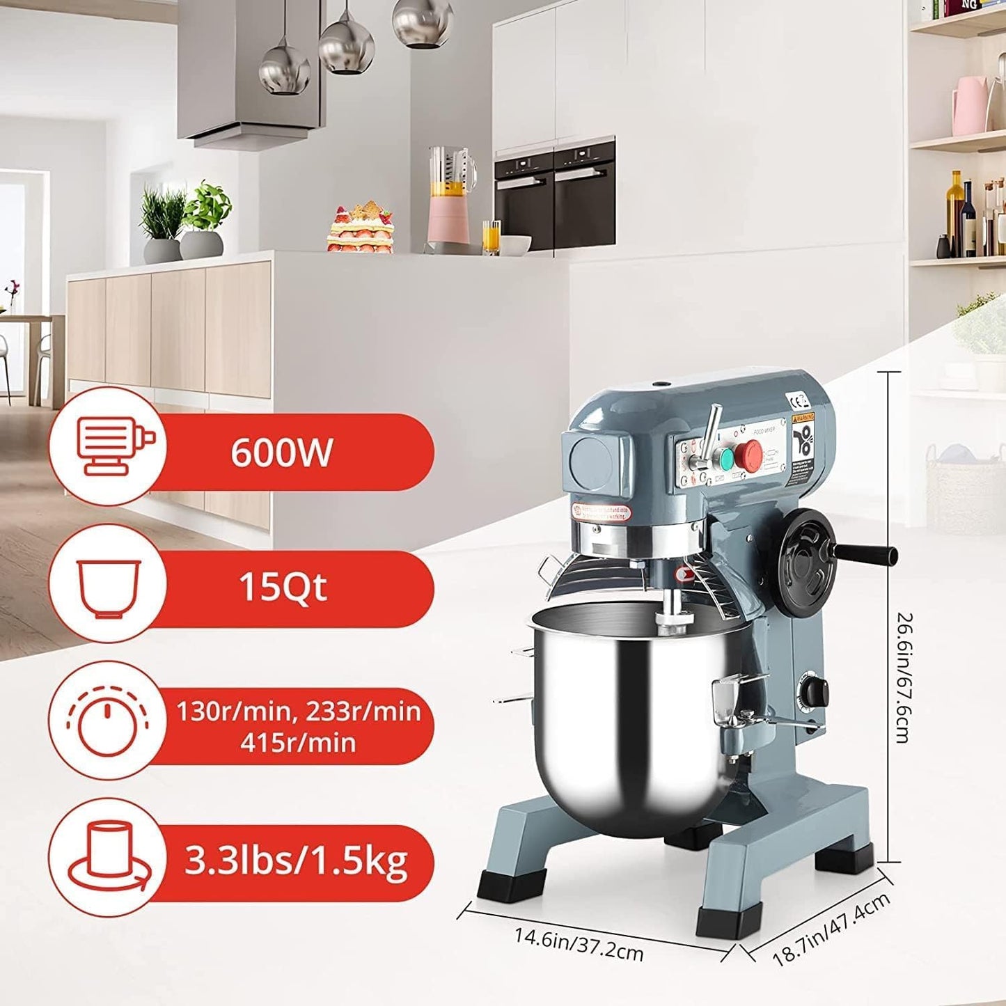 15 QT Commercial Stand Mixer 600W with 3 Speeds Adjustable, Electric Food Mixer with Stainless Steel Bowl Dough Hook and Beater, Commercial Food Mixer with Safety Guard for Bakery Restaurant Pizzeria