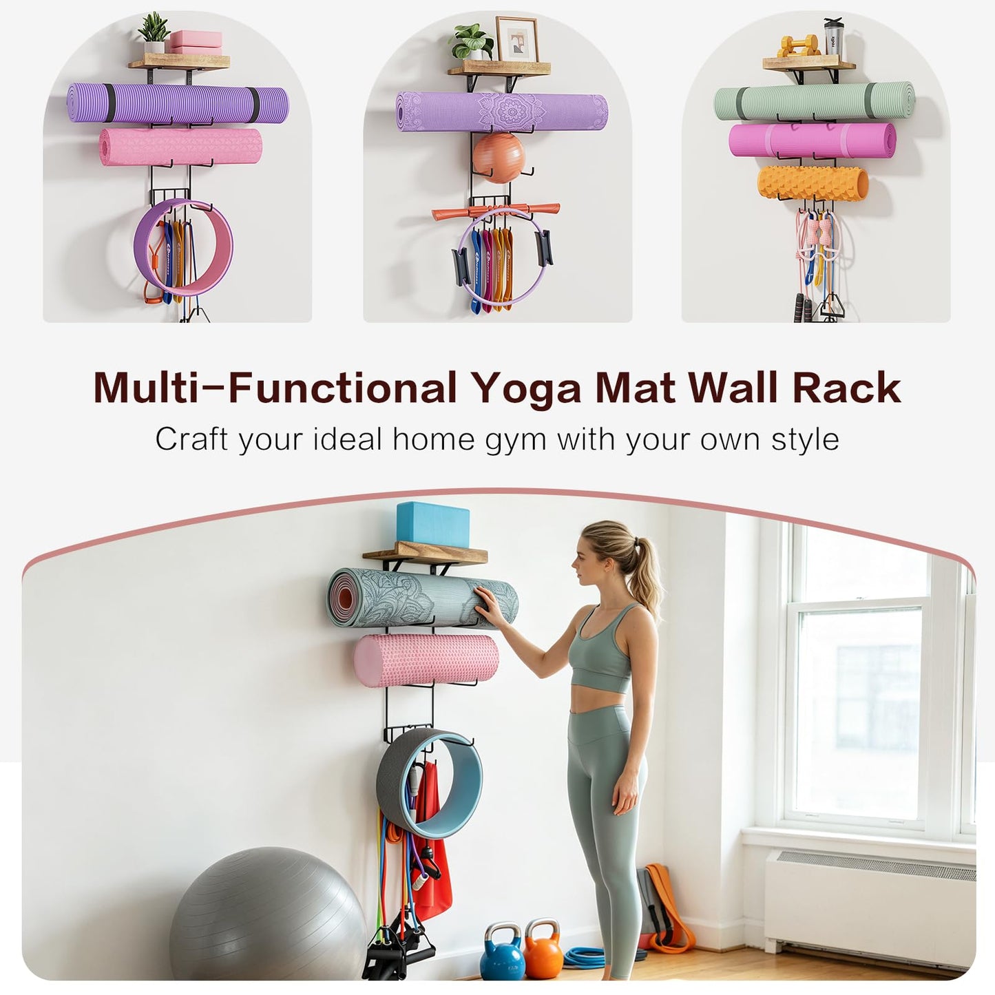 VINAEMO Yoga Mat Holder Accessories Wall Mount Organizer Storage Decor Foam Roller and Towel Storage Rack with 4 Hooks and Wooden Shelves Yoga Mats Rack Resistance Bands for Home Gym School Office