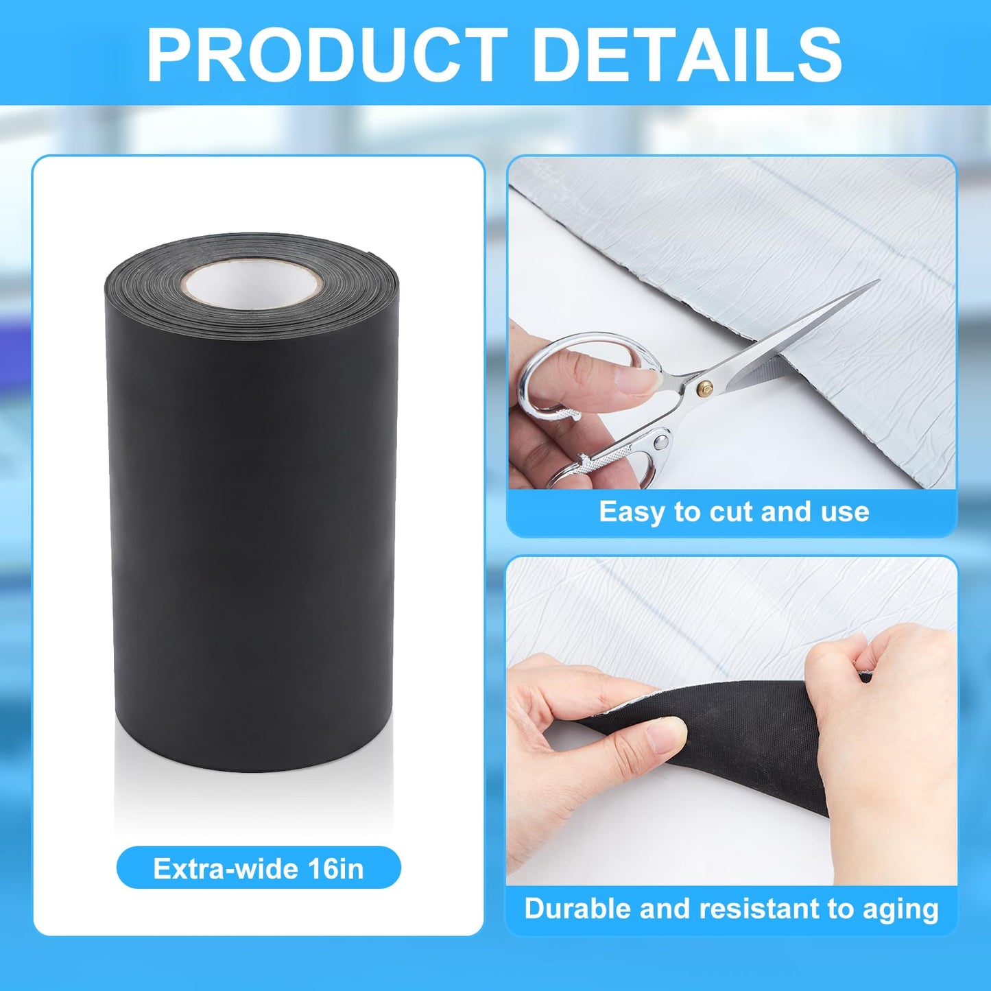 Joyfolk 16in x 32.8ft Epdm Rubber Roofing for Liner Bonding Sealing Repairs, 60 Mil Black Self Adhesive Epdm Waterproofing Membrane for Joints Roofs Windows