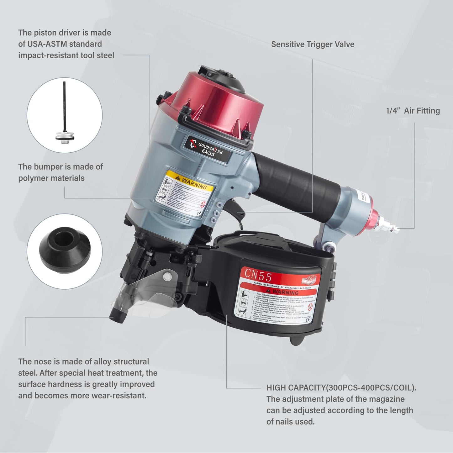 Goodnailer CN55 Siding Nailer 15 Degree 1 Inch To 2-1/4-Inch Coil Siding Nailer Fast Shooting for Wooden Pallet Packing Wood Fencing