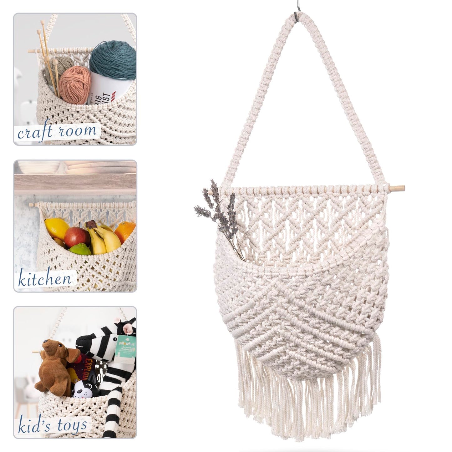 Macrame Fruit Basket, Vegetable and Fruit Hammock for Kitchen Under Cabinet - Hanging Wall Decor, Boho Baskets for Storage, Counter Space Saver - Cotton, Off White