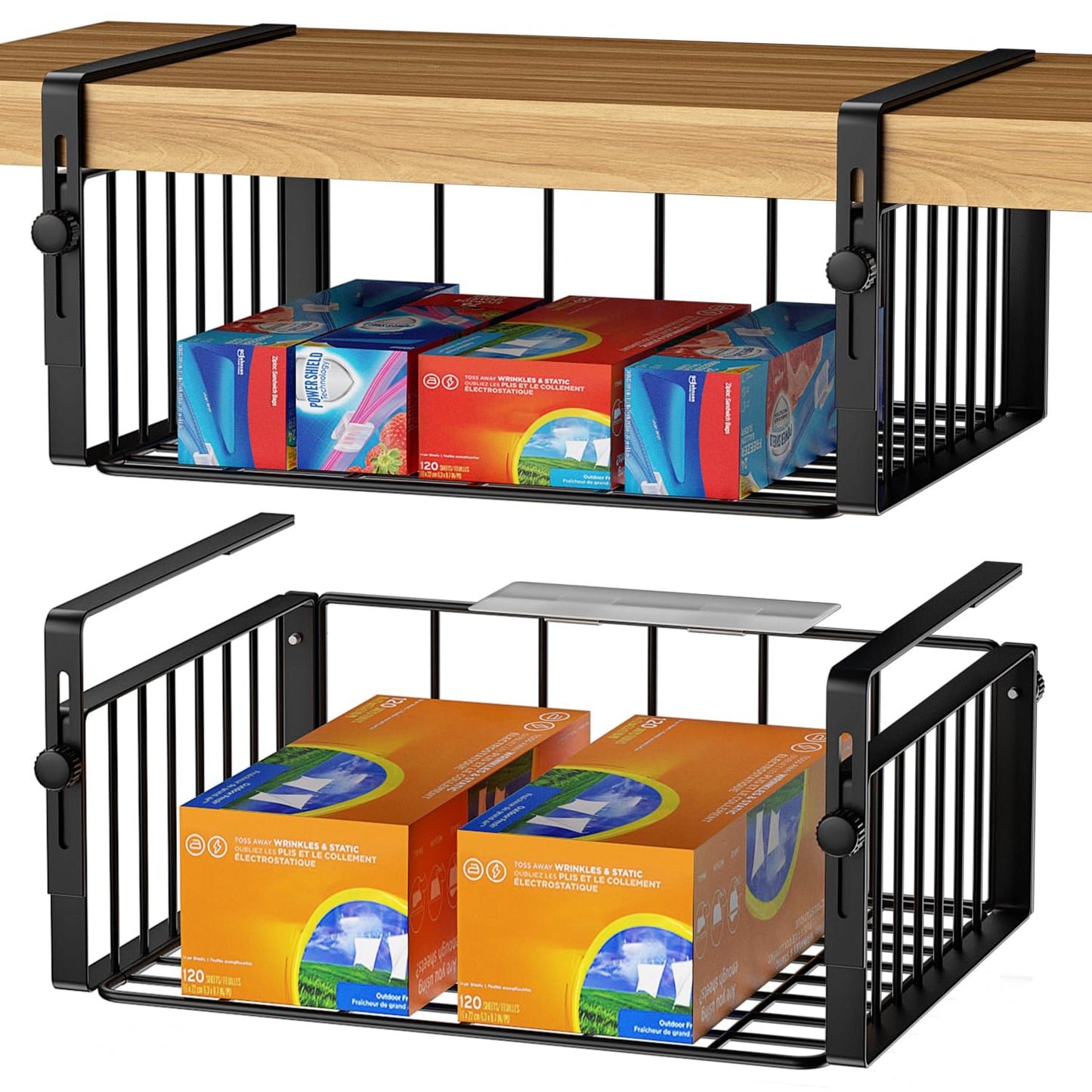 AmonHouseware 2 Pack Hanging Under Shelf Storage Basket,Adjustable Under Cabinet Add-on Storage Racks Slide-in Baskets Organizer for Laundry Room Kitchen Pantry Desk Bookshelf, Black