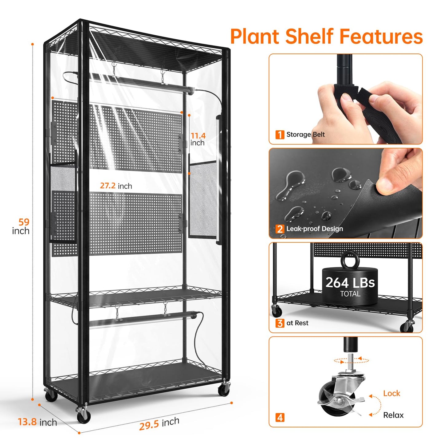 Bstrip Indoor Greenhouse Cabinet with Pegboard, Indoor Greenhouse with 4 Pack 96W Full Spectrum Grow Light for Indoor Plant, Foliage Plants, 29.5"x13.8"x59"