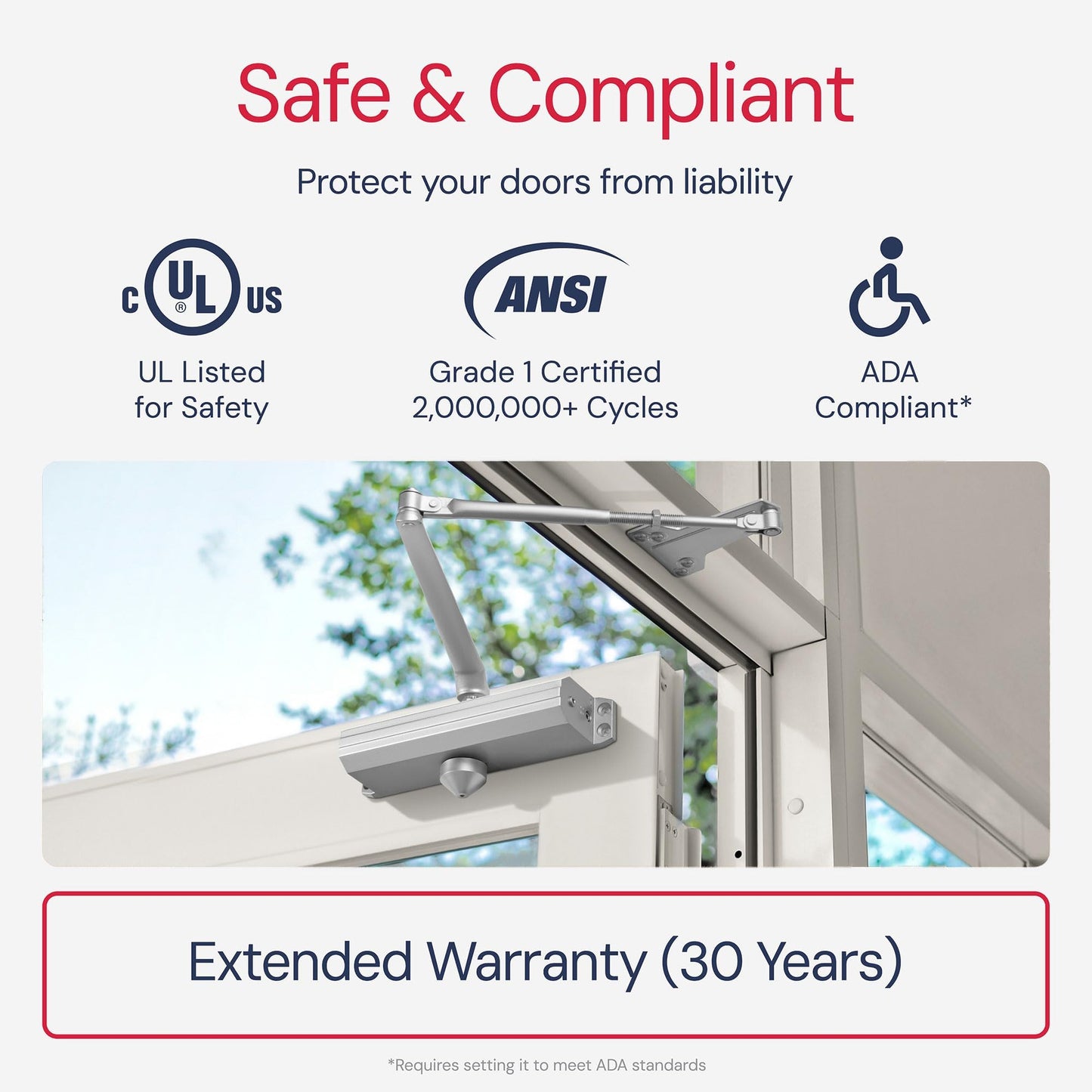 Lawrence Medium/Heavy Duty Door Closer Commercial Grade 1 - Surface-Mounted Commercial Automatic Door Closer with Adjustable 6-Speed Control and 3 Valves - Embassy Series LH5016