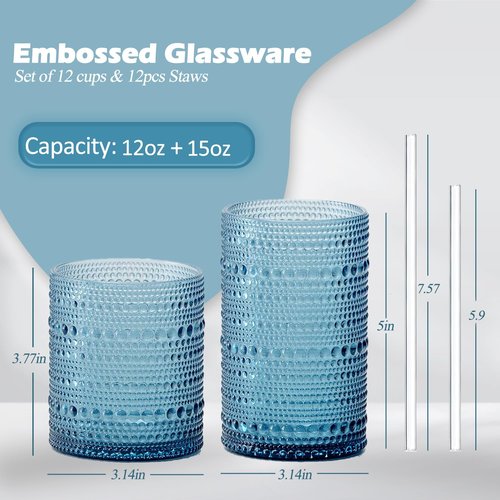 FULGNU Hobnail Drinking Glasses with Straws, 15oz&12oz Vintage Glassware Set of 12, Blue Hobnail Glassware Embossed Vintage Water Cups, Highball Glasses for Cocktail,Whiskey,Beer and Juice