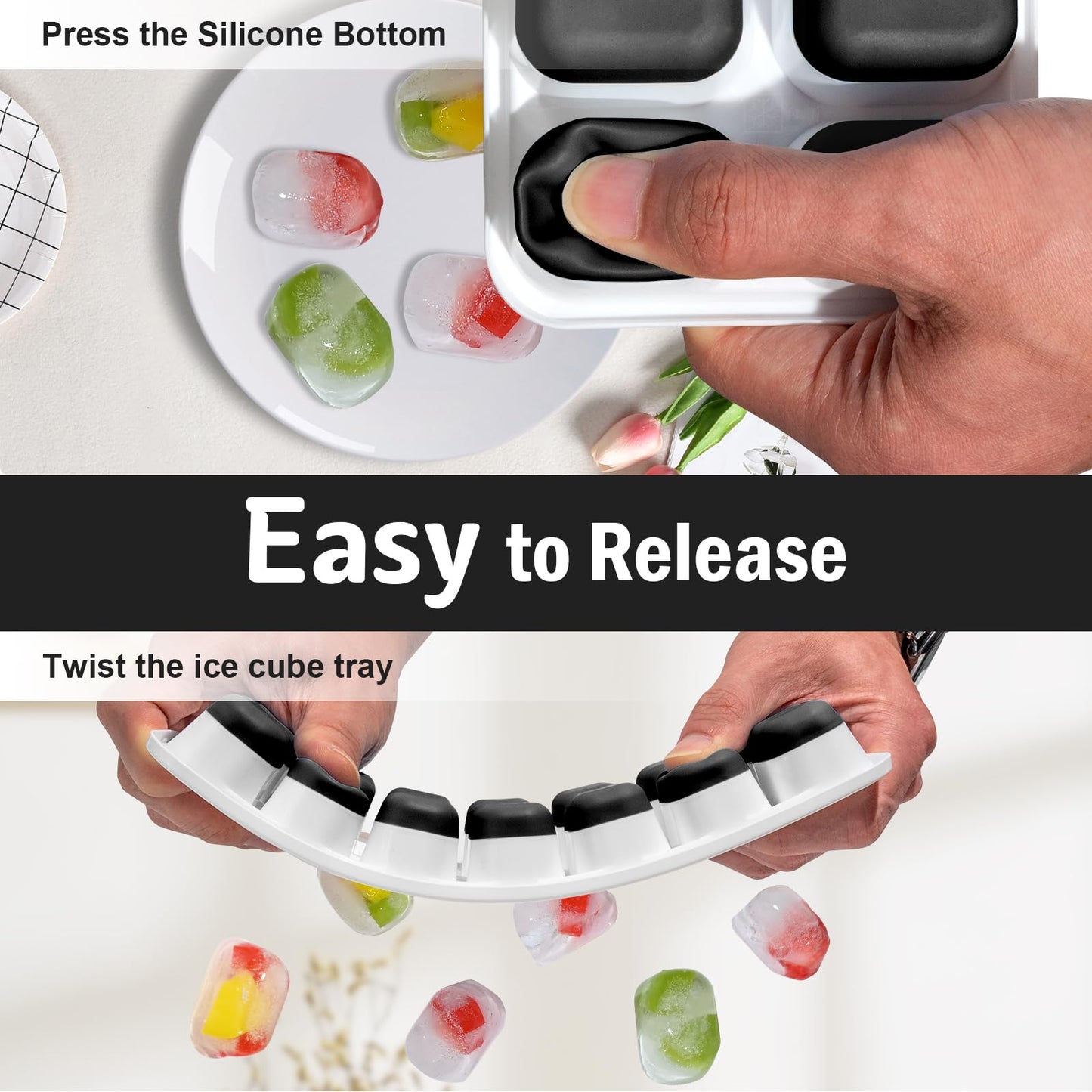 DclobTop Ice Cube Trays with Lid and Bin, Ice Trays for Freezer - Easy to Release Silicone Mold, Stackable Reusable Plastic Molds for Cocktails, Whiskey, Drinks and Iced Coffee, BPA-Free