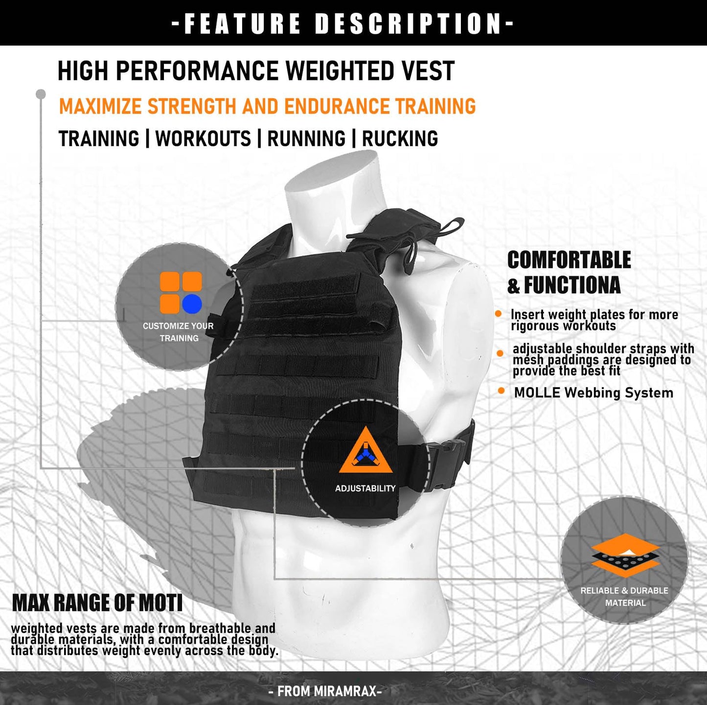 Miramrax Weighted Vest for Men and Women Weight Vests Adjustable Strength and Endurance Training Fitness Workouts Tactical Running Gym (Black)