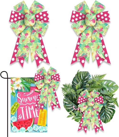 Estivaux Summer Wreath Bows - Green & Pink Burlap with Hawaiian Flamingos | 2-Piece Set for Beach & Pool Party Decor