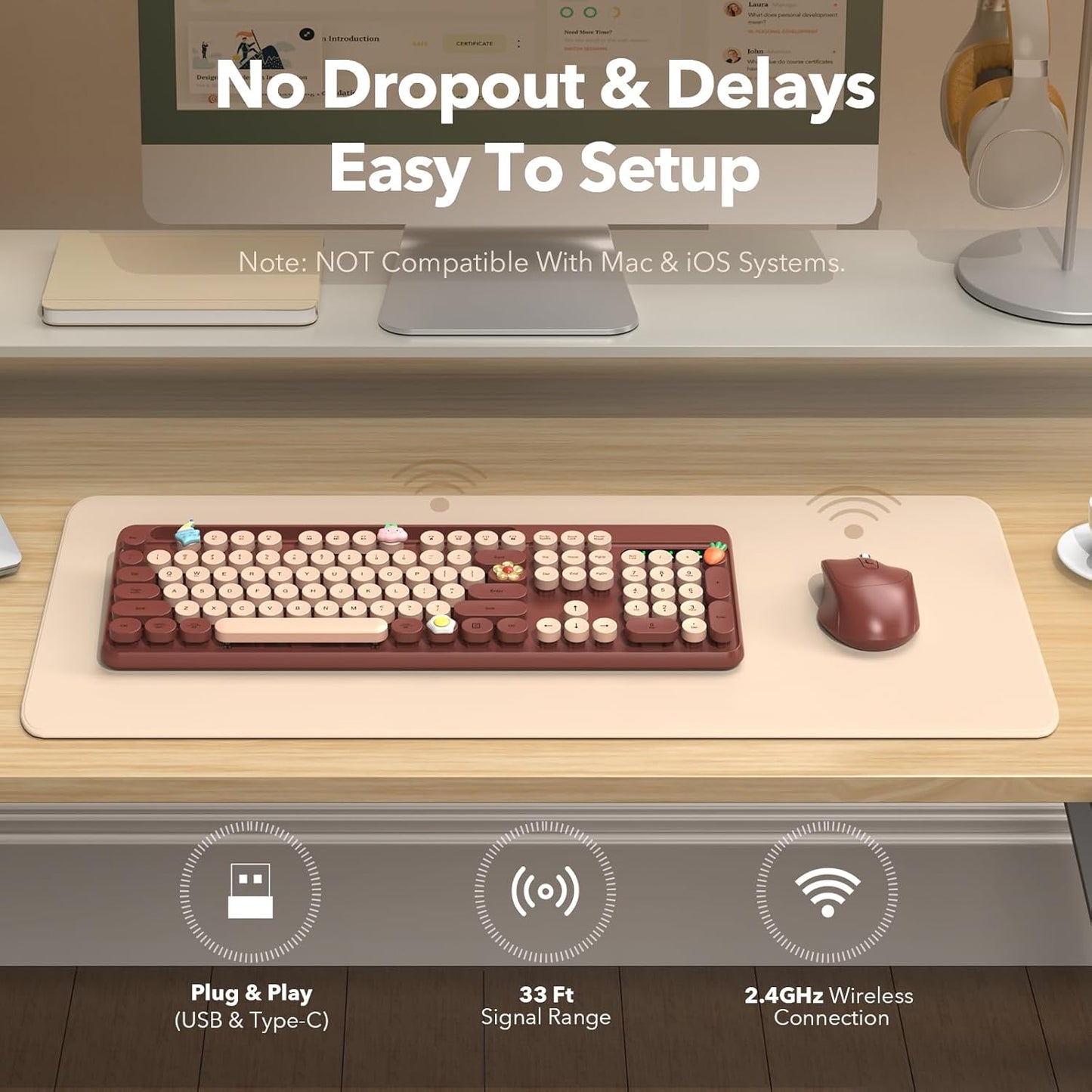 Trueque 2.4GHz Wireless Keyboard and Mouse Combo, Retro Round Keycaps, Full-Size Cute Typewriter Keyboard with Large