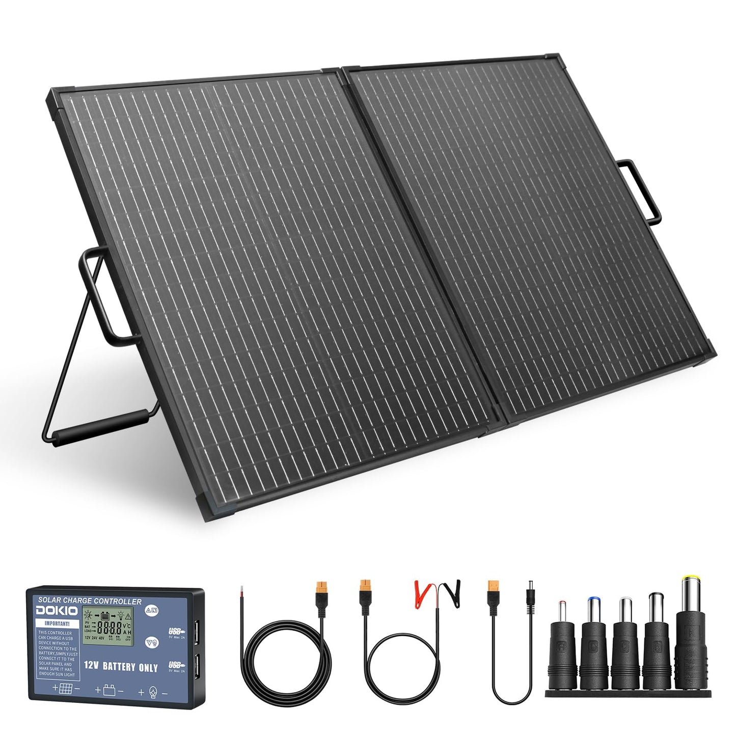 DOKIO Solar Suitcase 100W Portable Foldable Solar Panel 18v Monocrystalline 23.8 * 19.3 * 1.3in with Controller to Charge 12 Volts Batteries (All Lead/Acid Types: Vented AGM Gel) RV Camping Marine