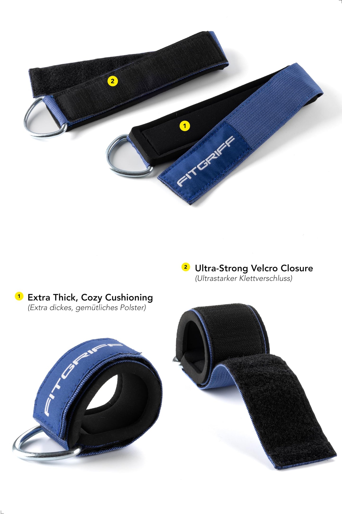 Fitgriff® Ankle Straps V2 for Cable Machine (2 Pieces) - Gym Workout Equipment - Leg Pulley Attachment, Kickback Straps (Blue)