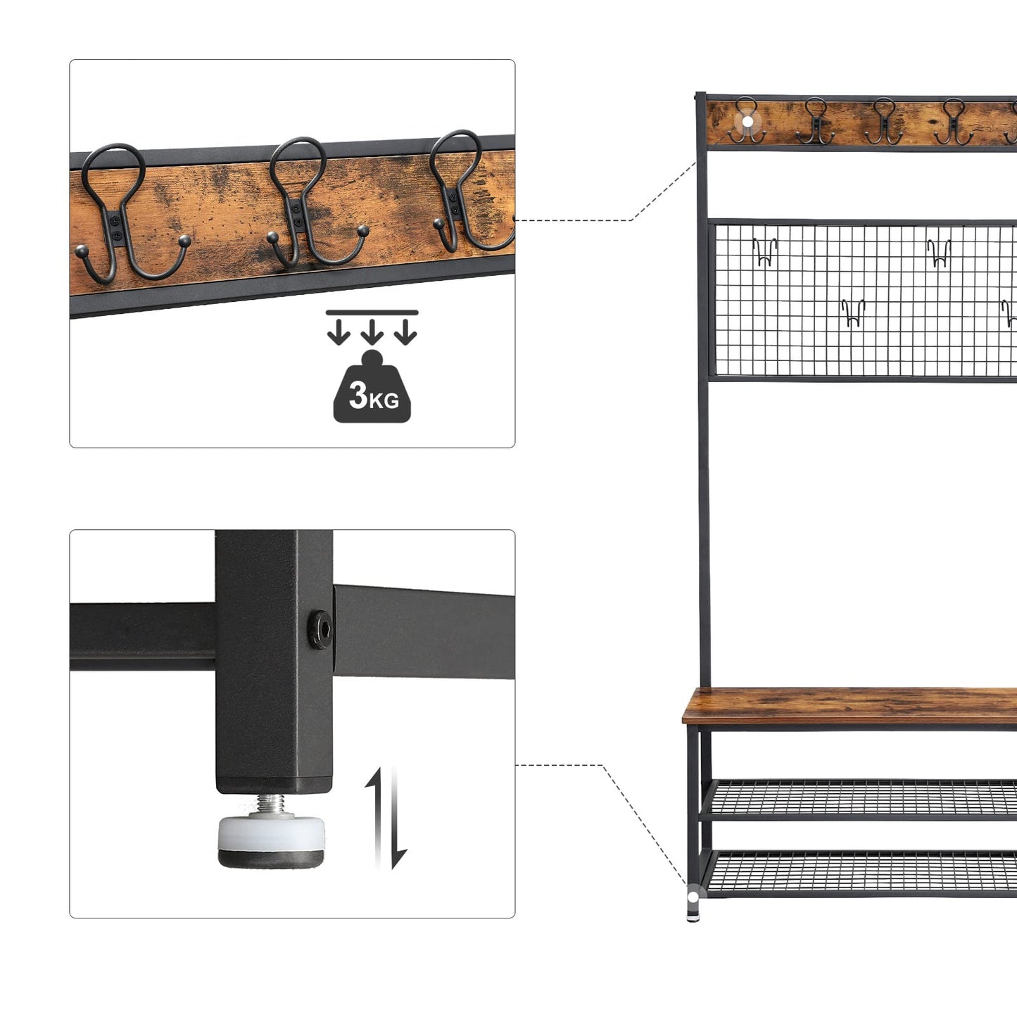 VASAGLE Industrial Coat Rack Stand, Shoe Rack Bench with Grid Memo Board, 9 Hooks and Storage Shelves, Hall Tree with Stable Metal Frame, Rustic Brown UHSR46BX