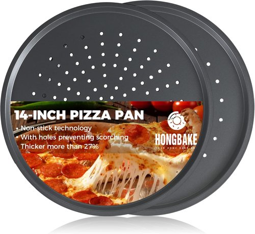 HONGBAKE 14.8-Inch Non-Stick Pizza Pan Set - Perforated Carbon Steel for Crispy Homemade Pizza | Grey, 2 Pack