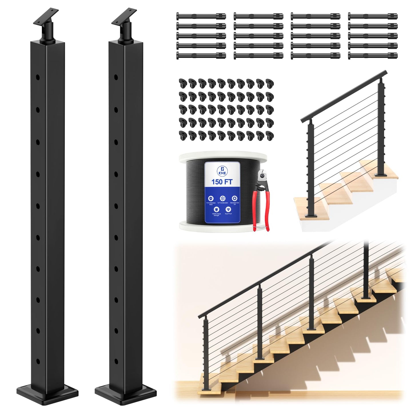 CKE 5-10ft Complete Set 36" Stair Cable Railing Post Kit (35"x2"x2") for 25°-35° Stair, 2 Pack Stair Cable Posts, 150ft 1/8" Wire Rope, Black Swageless Invisible Cable Railing System DIY Kit SPS01