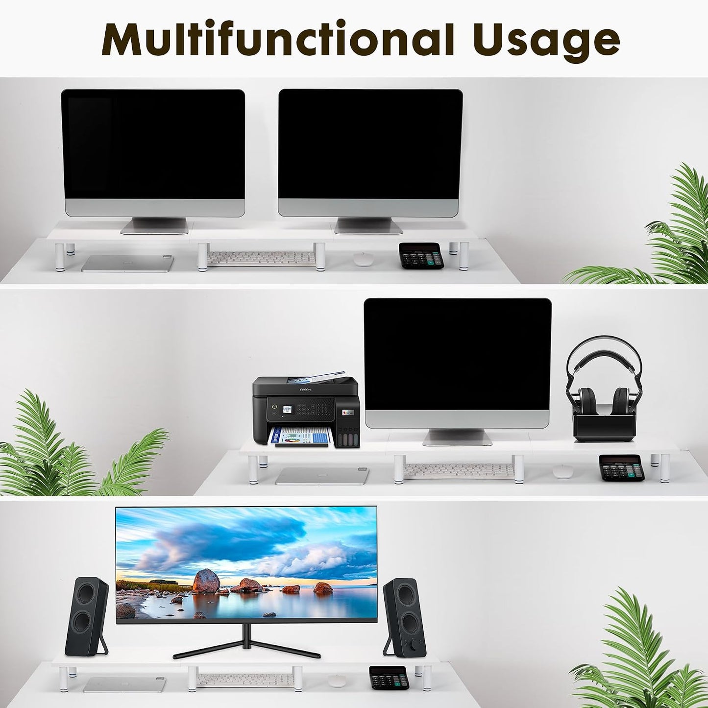 47 Inch 2 La Jaco Extra-Long Dual Monitor Stand Riser for Monitors, Desk Shelf TV Riser Blocks, Wood and Steel Desktop
