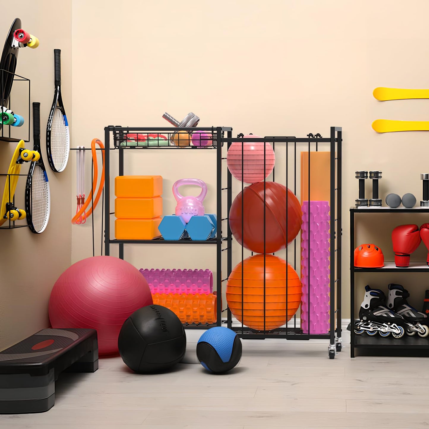 Multi-Functional Sports Equipment Organizer with Elastic Rope, Removable Basket & Racket Holders - Heavy-Duty Organizer for Balls, Tennis/Badminton Rackets - Ideal for Garage, Home Gym & Playroom
