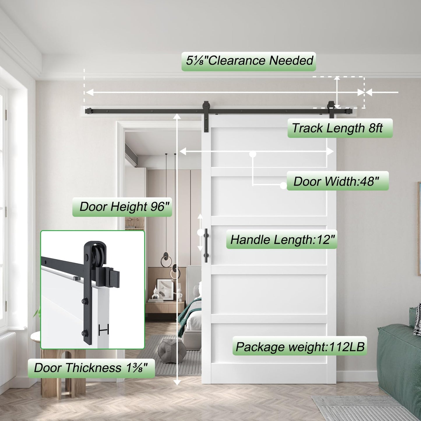 Fredbeck 48x96 inch White Barn Door with 8FT Sliding Door Hardware Kit Included & Handle,MDF,Solid PVC Surface,DIY Assembly,5-Panel