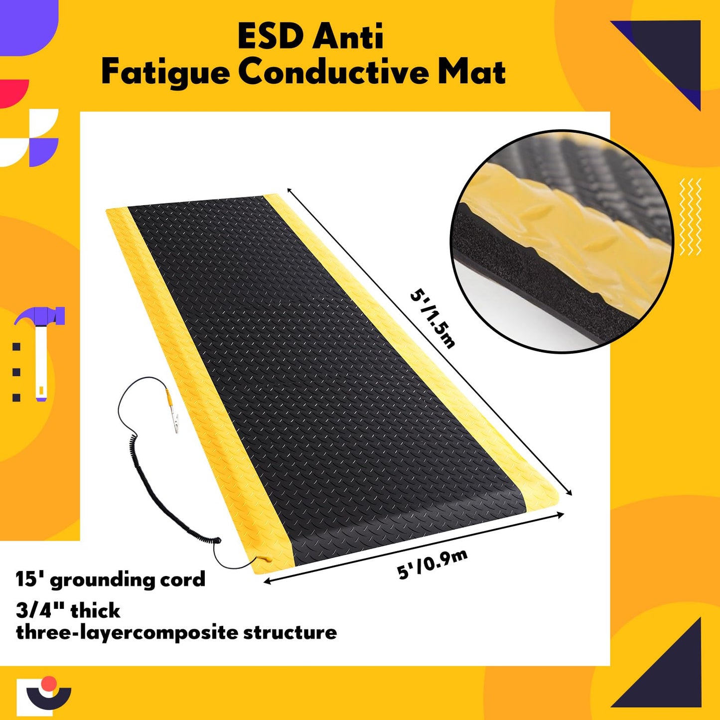 Drydiet 2 Pcs 3'x5' Anti Fatigue Mat Industrial, ESD Conductive Pad with Ground Wire, Heavy Duty Ergonomic Standing Floor Mat for Commercial Work, Shop Stand, Thick 3/4" Black with Yellow Border