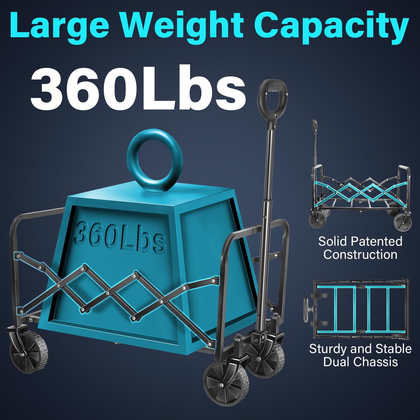 Wagons Carts Foldable, Collapsible Wagon with Wheels — Foldable Wagon for Groceries,Picnic,Beach,Camping, Small Hauls, Apartment Moving Storage, Portable Utility Folding Wagon Cart, 360lbs,Jet Black