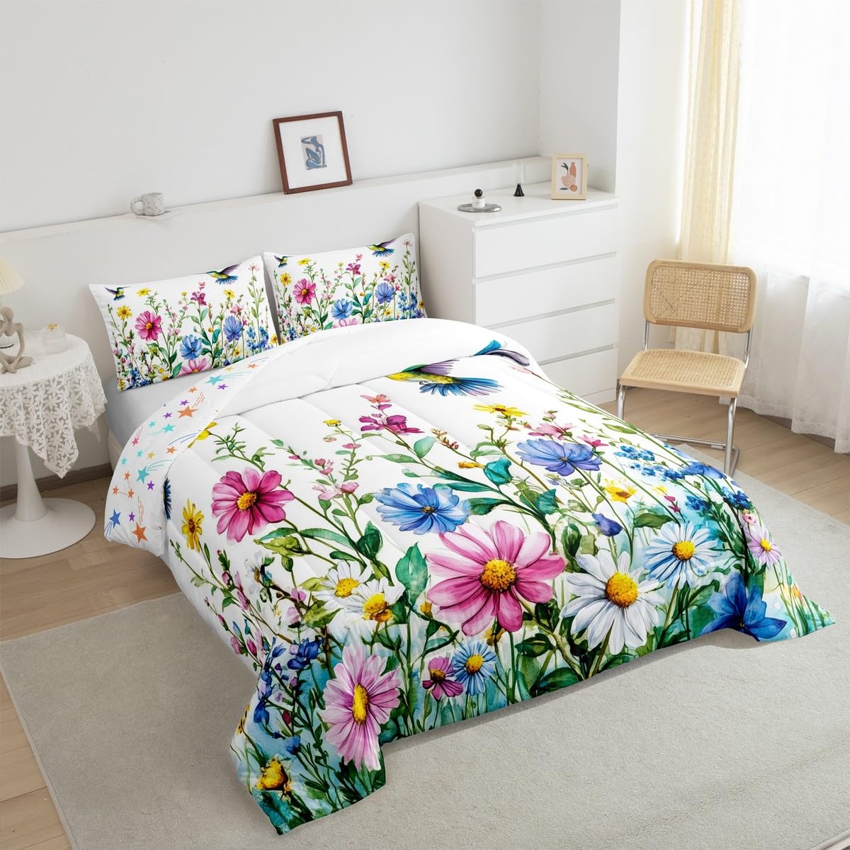 Feelyou Flower Bedding Set Twin Size Hummingbird Comforter Set for Kids Boys Girls Tropical Birds Comforter Hummingbird Flowers Duvet Set White