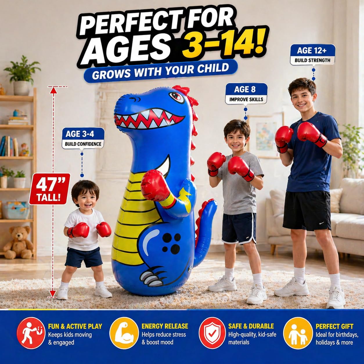 Inflatable Punching Bag for Kids - Blue, 47 Inch - Dinosaur Bop Bag Toy with Fast Bounce Back Action - Durable Punching Toy - Fill Base with Water or Sand for Stability - Ages 3-14