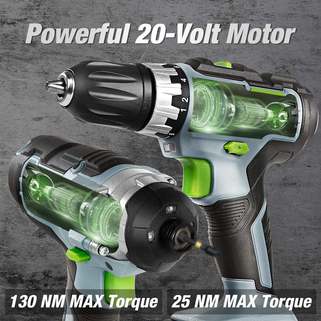 WORKPRO 20V Cordless Drill Combo Kit, Drill Driver and Impact Driver with 2x 2.0Ah Batteries and 1 Hour Fast Charger
