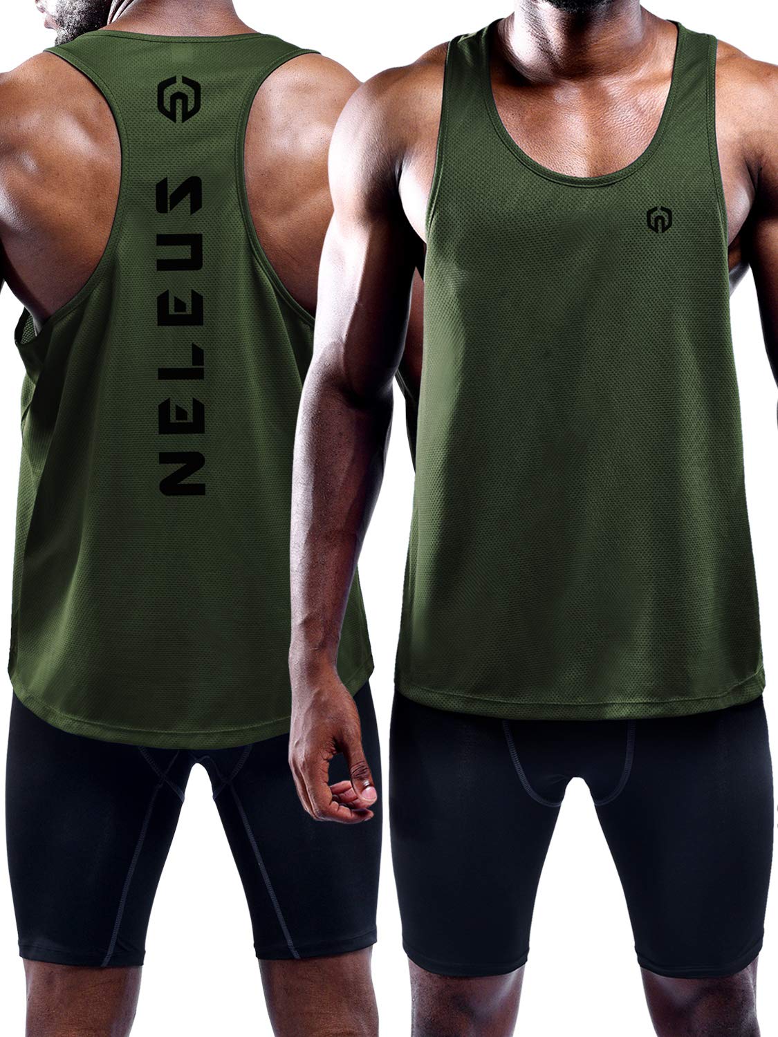 NELEUS Men's 3 Pack Dry Fit Y-Back Muscle Tank Workout Gym Shirt,5031,Black,Grey,Olive Green,L
