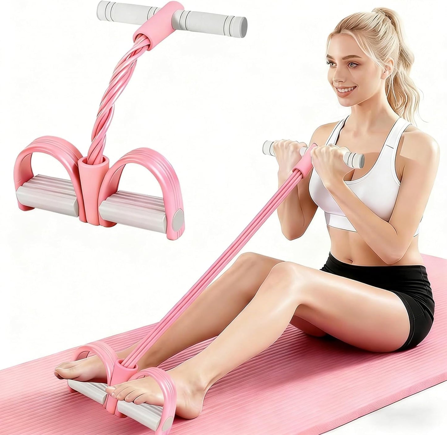8-Tubes Pedal Resistance Band with Handle, Multifunction Exercise Rope for Working Out, Foot Pedal Resistance Band for Abdomen, Waist, Arm, Leg, Pink