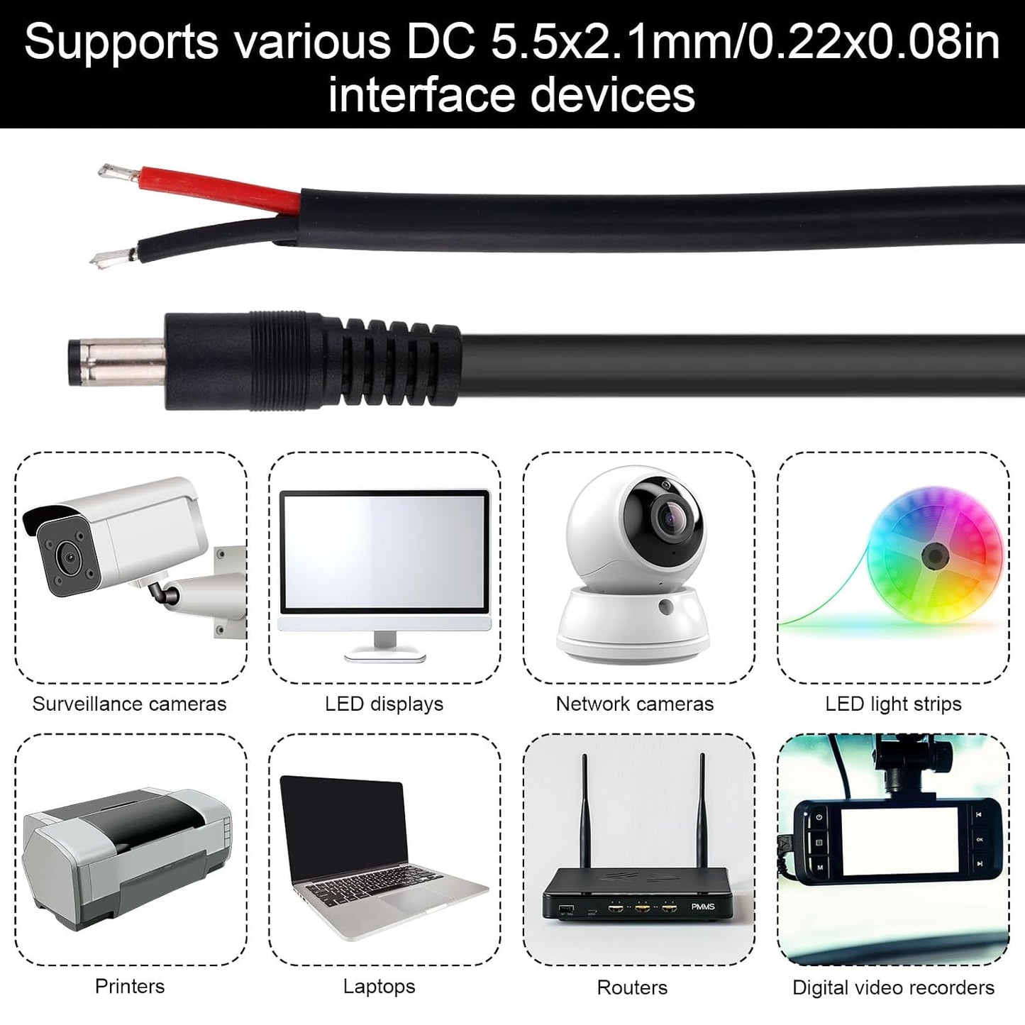 BTFO 4pcs DC5521 16AWG 36V 5.5 2.1mm (50cm/1.64ft Power Pigtails Cables, x DC Male Plug to Bare Wire Open End Cables
