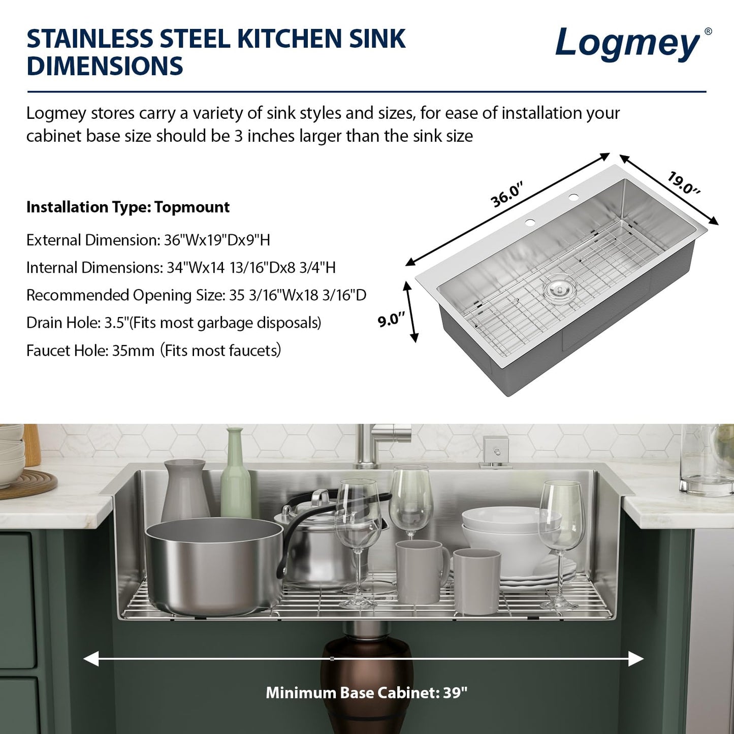Logmey 36 Inch Drop In Kitchen Sink 36x19 Large Handmade Stainless Steel Sinks 16 Gauge Round Corner Topmount Single Bowl Kitchen Sinks 36x19x9 Inche