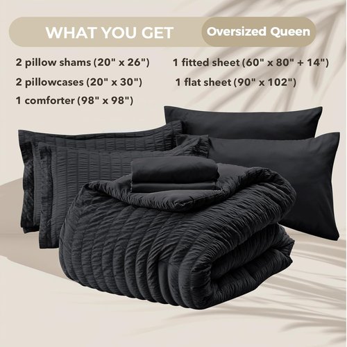 HYMOKEGE Queen Comforter Set - Black Oversized 7-Piece Seersucker Luxury Bedding | All-Season Comforter, Sheets & Pillowcases