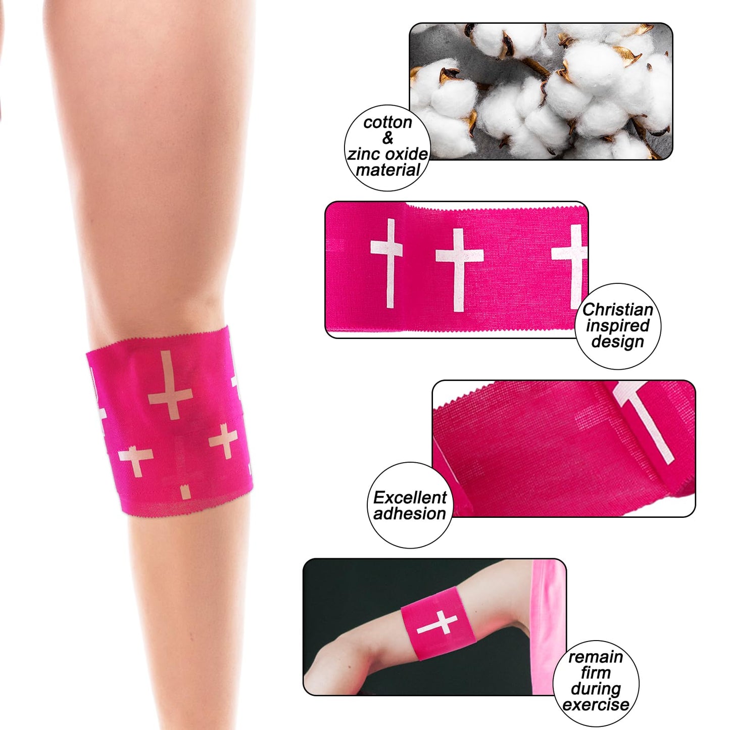 JarThenaAMCS 6 Rolls Christian Athletic Tapes Hot Pink Cross Sport Tapes First Aid Injury Wrap for Soccer Football Baseball Gymnastics Boxing Trainers Church Gifts, 2 Inch x 23 Ft